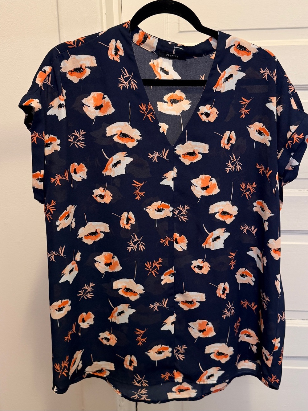Pleione Navy Floral V-Neck Blouse with Orange & White Accents